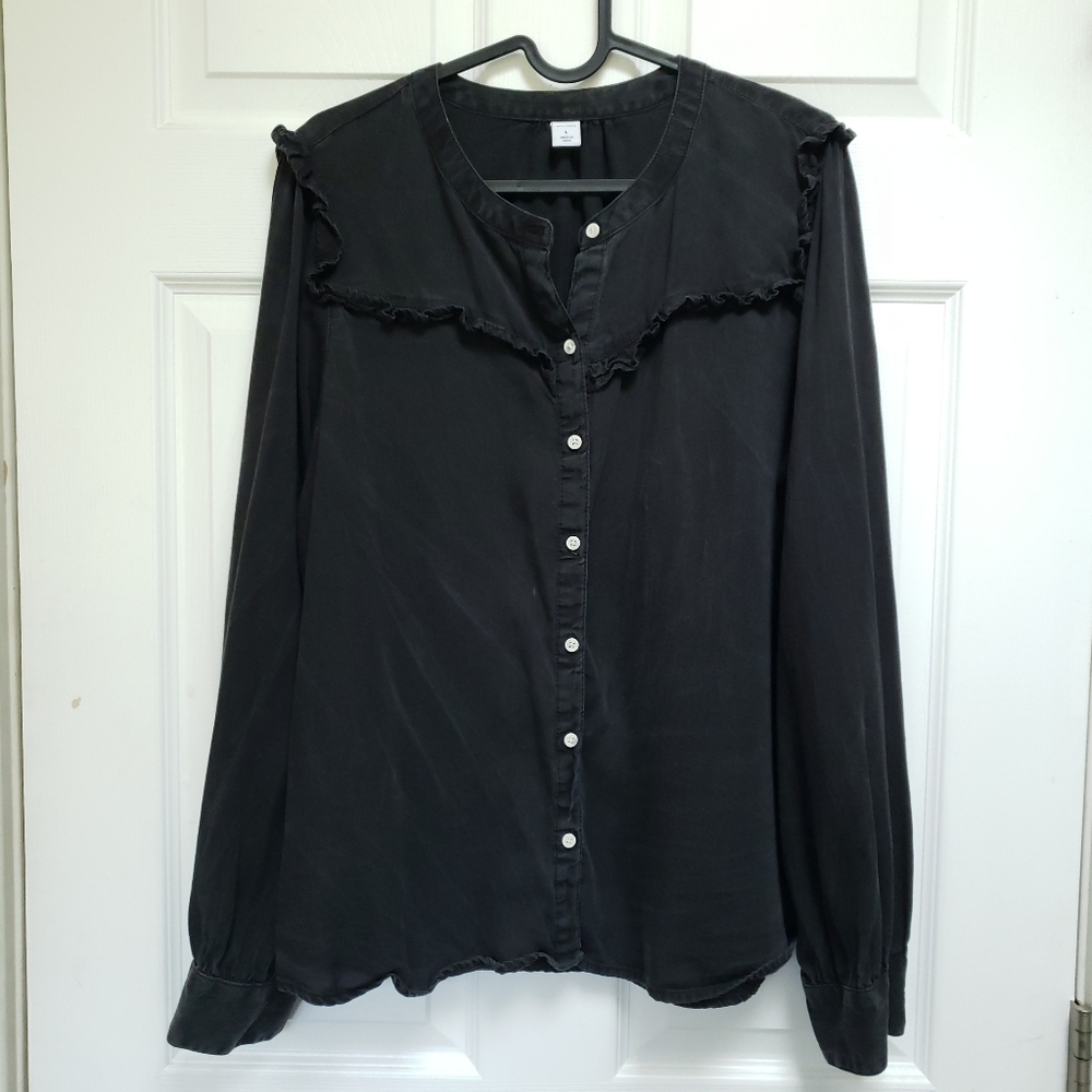 Old Navy Shirt Washed Black Ruffle Yoke Button Up Long Sleeve Blouse Top